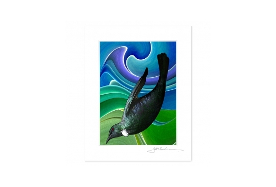 NZ Iconography, Tui in Flight: 6x8 Matted Print